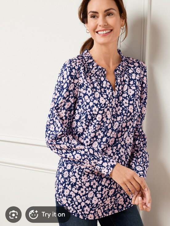Talbots Tops - Talbots 100% Cotton Navy Pink Ditsy Floral Smocked Split Neck Top Size Medium